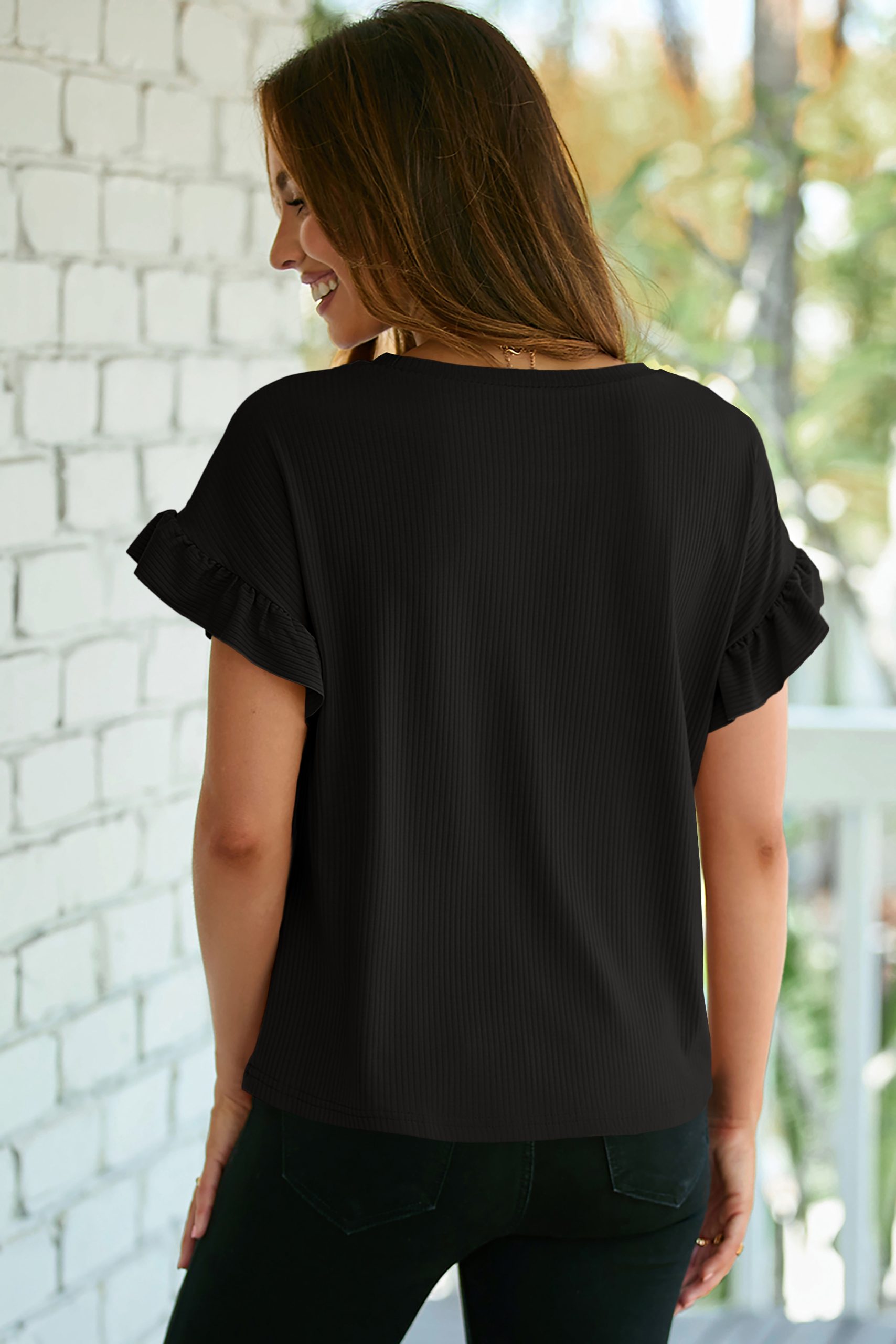 Black Solid Color Ribbed Ruffled Short Sleeve T Shirt - Image 4