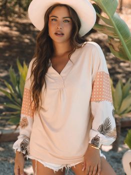 Jet Stream Palm Leaves Polka Dot Puff Sleeve Patchwork V Neck Loose Blouse