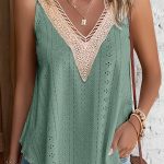 Mist Green Lace Crochet Splicing V Neck Loose Fit Tank Top