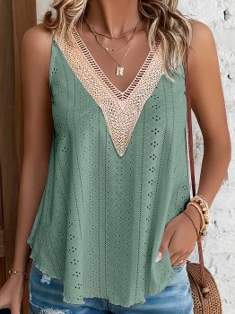 Mist Green Lace Crochet Splicing V Neck Loose Fit Tank Top