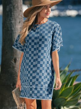 Sky Blue Frayed Hem Checkered Denim Mini Dress