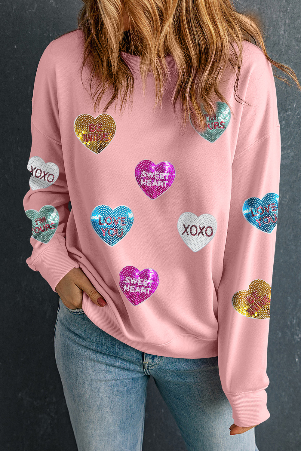 Pink Sequin Romantic Letters Heart Graphic Valentines Sweatshirt - Image 5