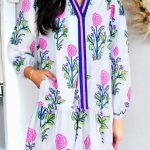 White Floral Print Contrast Striped Trim Notched Neck Long Sleeve Dress
