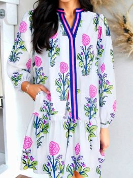 White Floral Print Contrast Striped Trim Notched Neck Long Sleeve Dress
