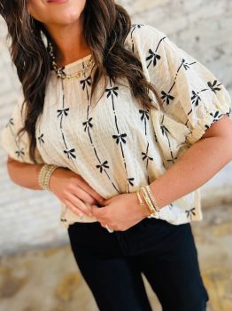Beige Bow Print Puff Short Sleeve Top