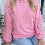 Pink Paisley Broderie Anglaise Valentine Heart Pattern Long Sleeve Patchwork Top