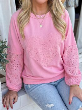 Pink Paisley Broderie Anglaise Valentine Heart Pattern Long Sleeve Patchwork Top