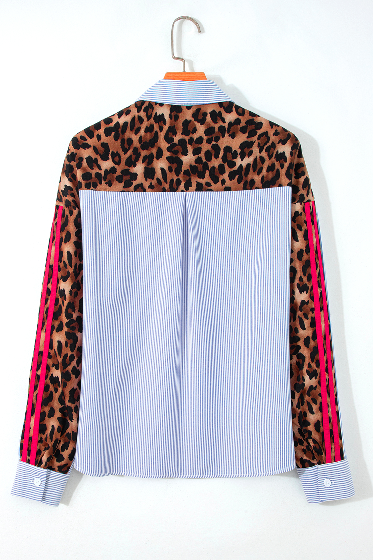 Sky Blue Stripe Contrasted Varsity Stripe Leopard Patchwork Button Down Shirt - Image 6