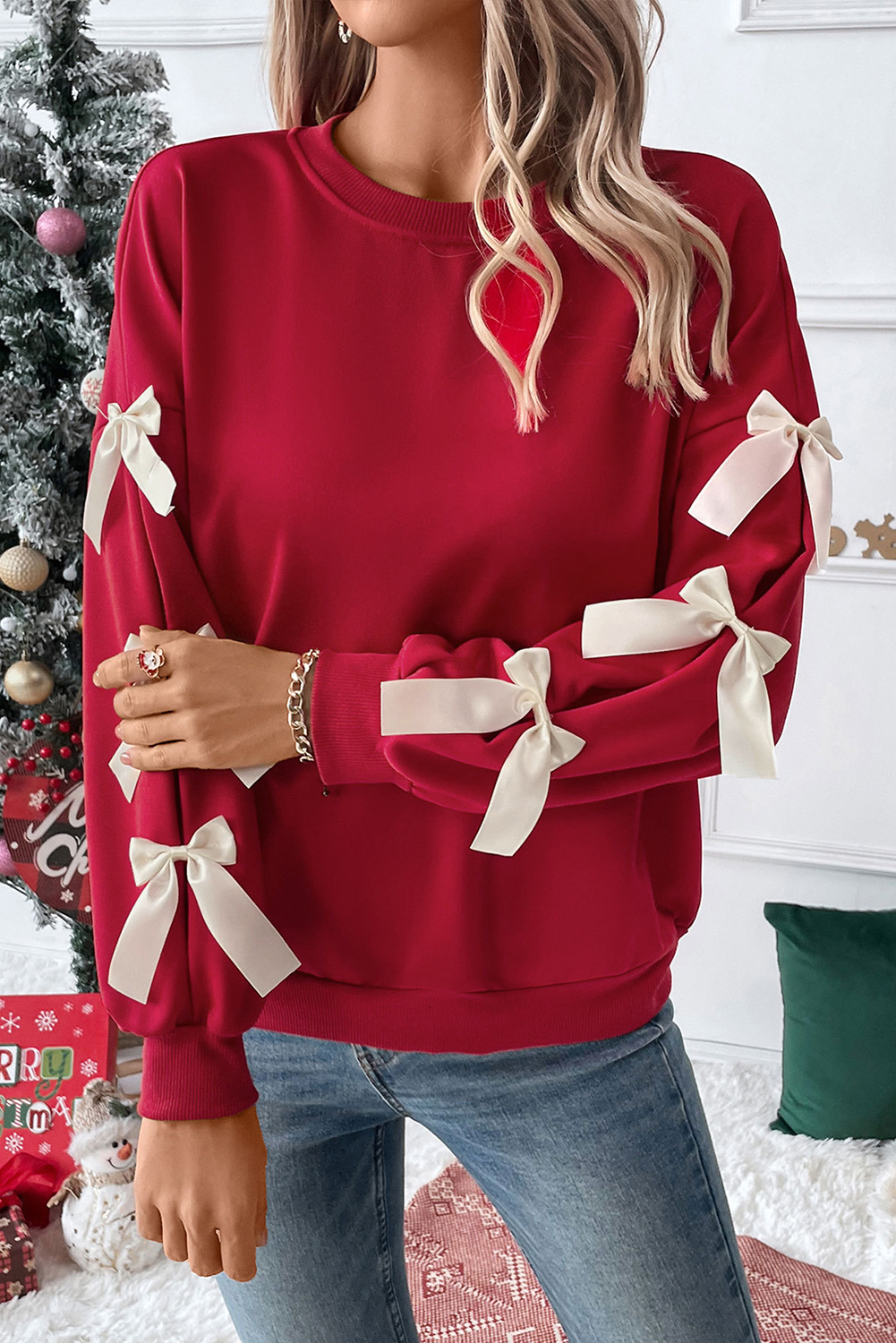 Fiery Red Contrast Bow Decor Dropped Sleeve Crewneck Sweatshirt - Image 3