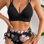 Black Ribbed Knit High Waist 2pcs Bikini Swimsuit