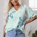 Green Mixed Leopard Print V Neck Short Sleeve Blouse