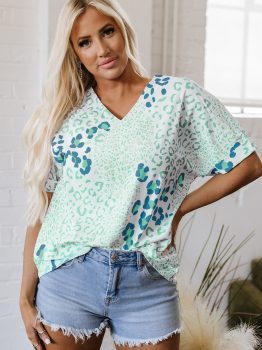 Green Mixed Leopard Print V Neck Short Sleeve Blouse