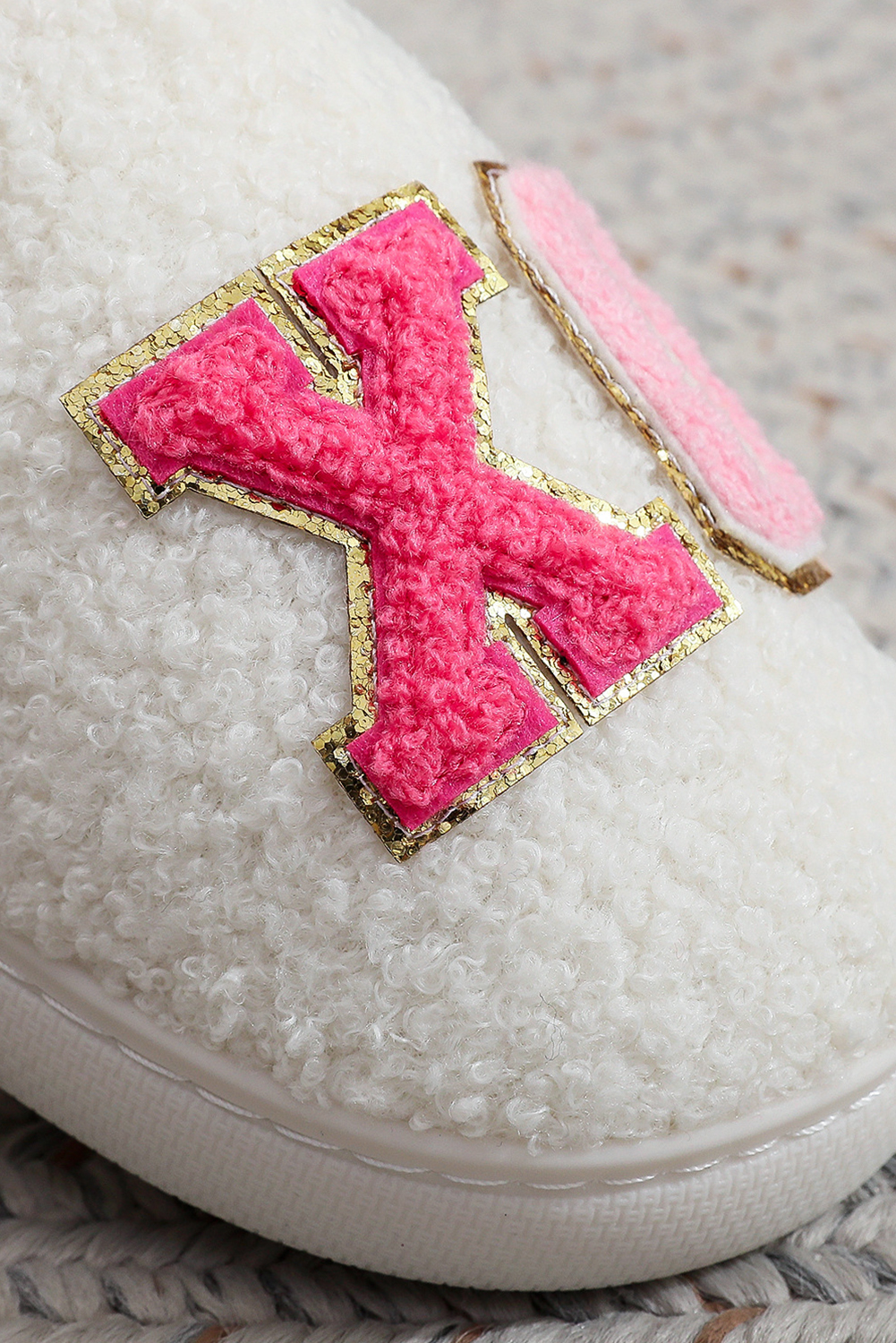 White XO XO Glitter Trim Letter Patched Plush House Slippers - Image 8