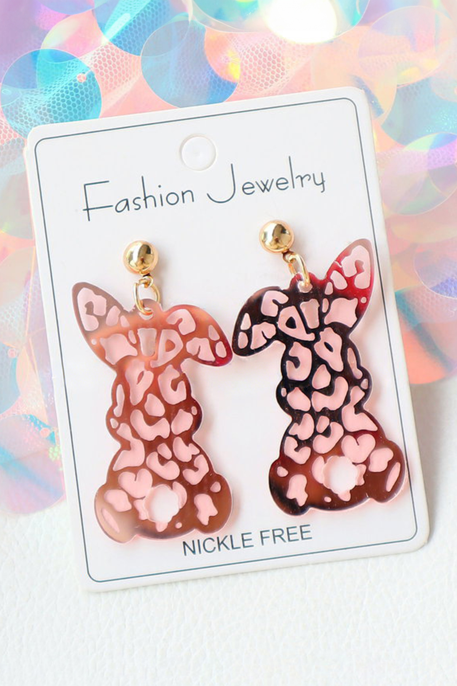 Pink Leopard Bunny Acrylic Earrings - Image 3