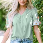 Clearly Aqua Floral Embroidered Puff Sleeve Split Neck Blouse