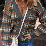 Gray Dotty Pattern Knit Button Front V Neck Sweater Cardigan