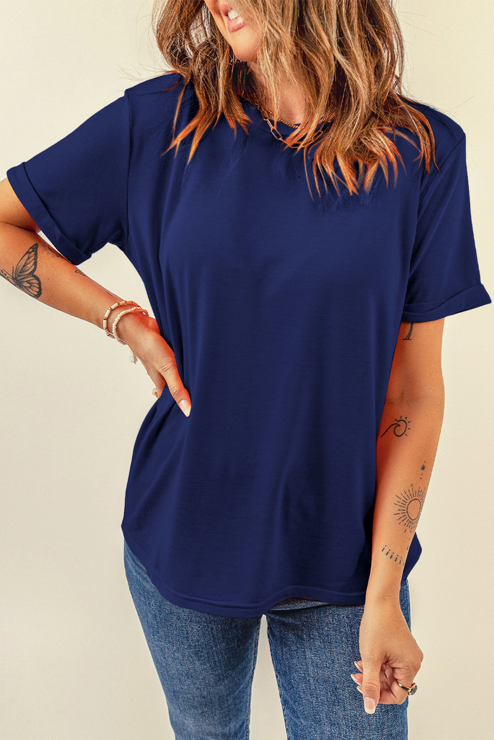 Blue Casual Plain Crew Neck Tee - Image 3