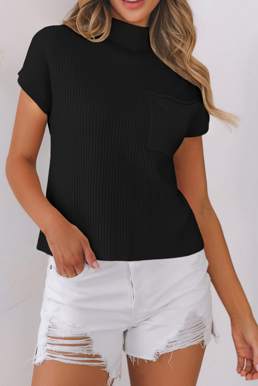 Black Patch Pocket Ribbed Knit Short Sleeve Sweater - Image 5