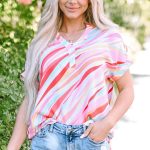 Multicolour Abstract Print High Low Short Sleeve Blouse