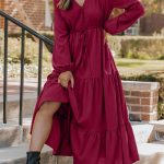 Burgundy Solid Long Sleeve Button V Neck Tiered Maxi Dress