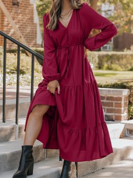 Burgundy Solid Long Sleeve Button V Neck Tiered Maxi Dress