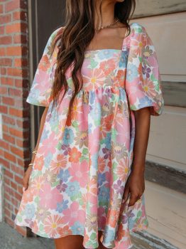 Pink Summer Floral Square Neck Puff Sleeve Babydoll Dress