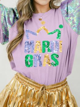 Orchid Petal Sequined MARDI GRAS Graphic Patchwork T Shirt