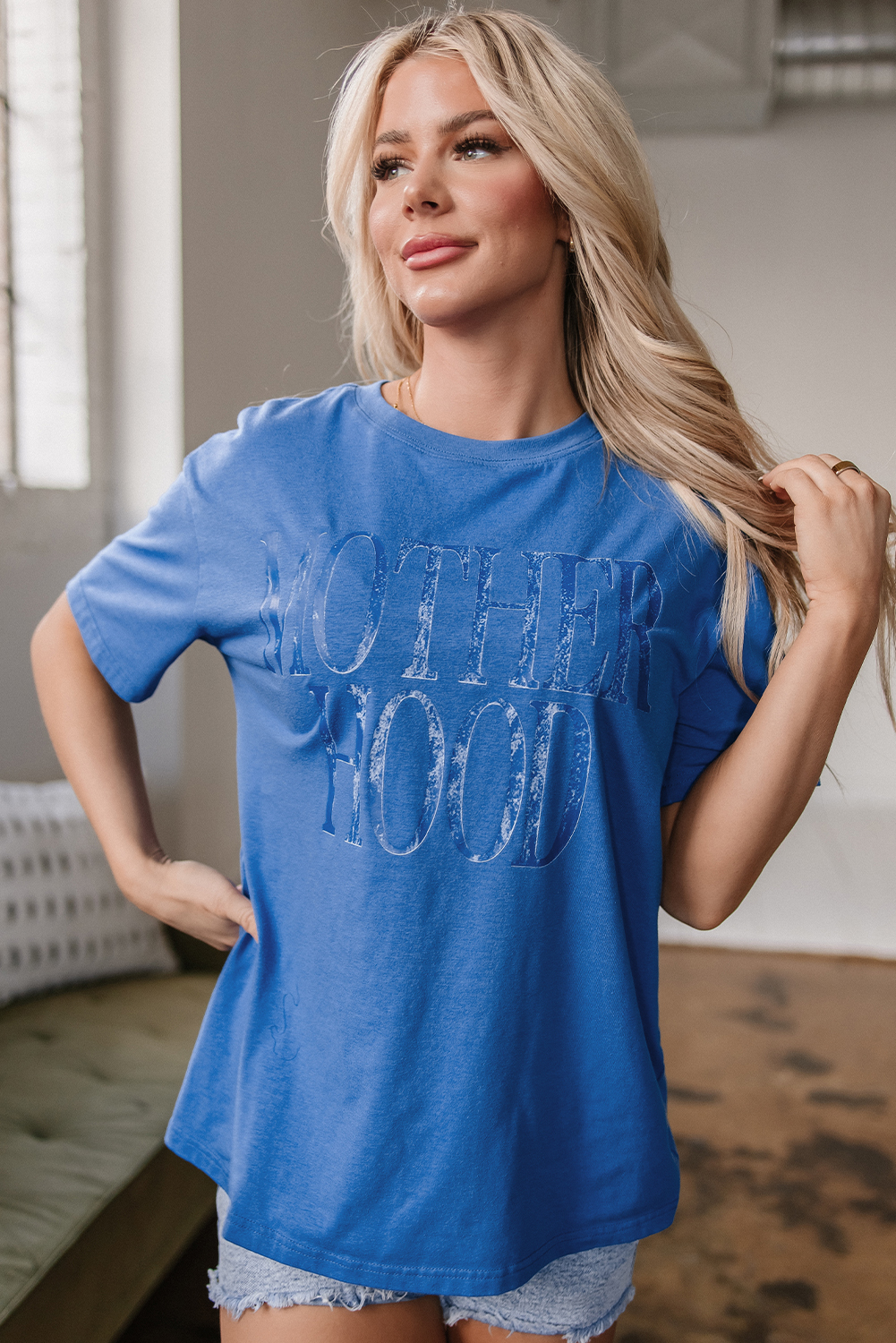 Sky Blue Vintage MOTHERHOOD Letter Graphic T Shirt - Image 4
