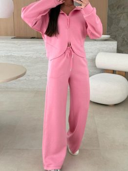 Pink Solid Color Zip Up Hoodie Drawstring Loose Pants Set