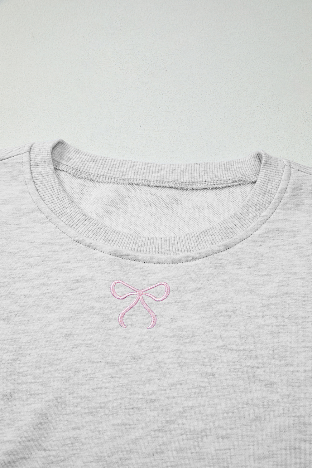 Light Grey Girly Bow Embroidered Detail Puff Sleeve Pullover 2pcs Short Set - Image 5