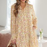 Yellow Floral Print Frilly Trim Smocked Cuff Long Sleeve Loose Shirt Dress