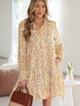 Yellow Floral Print Frilly Trim Smocked Cuff Long Sleeve Loose Shirt Dress