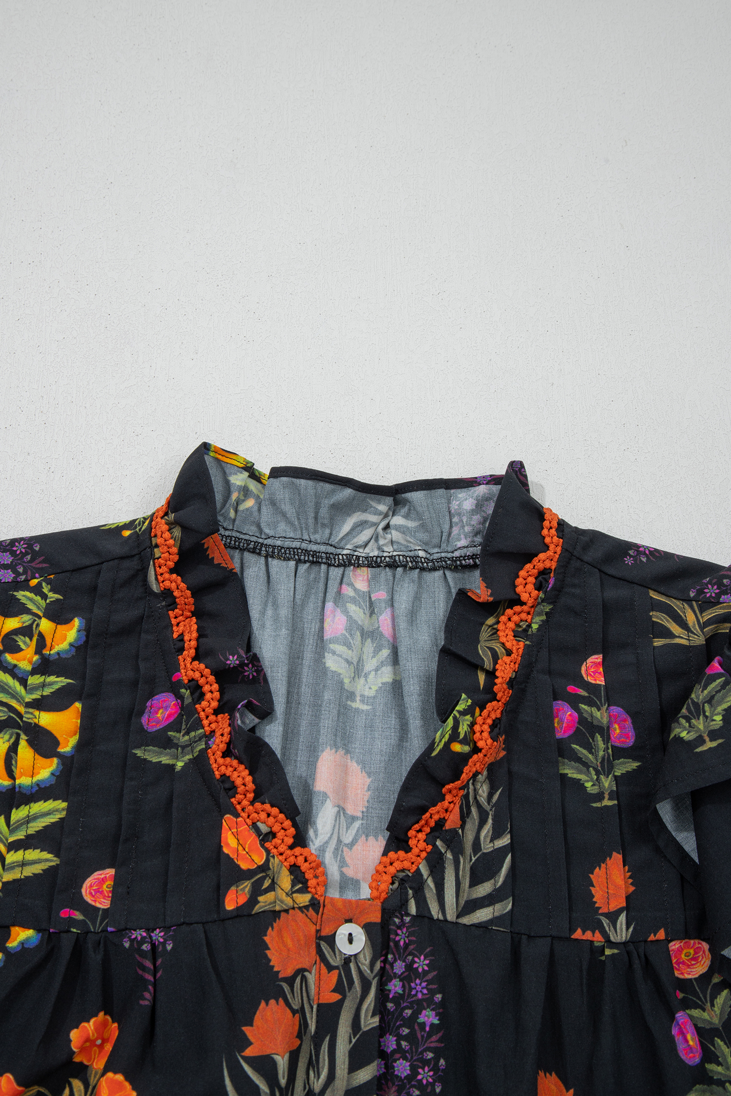 Black Floral Print Lace Trim Frilled V Neck Short Sleeve Shirt - Image 7