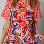 Red Paisley Geometric Mixed Print Patchwork Puff Sleeve Blouse Top