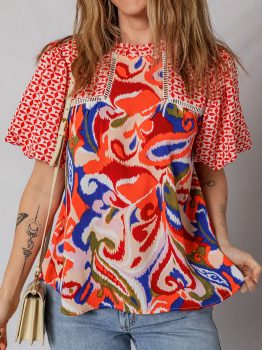 Red Paisley Geometric Mixed Print Patchwork Puff Sleeve Blouse Top