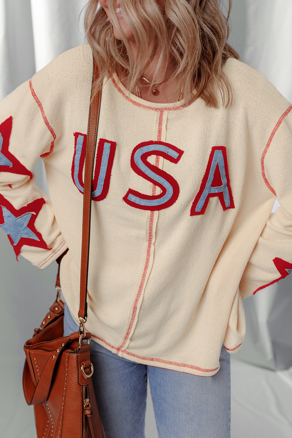 Beige USA Star Contrast Patchwork Exposed Seam Long Sleeve Top - Image 3