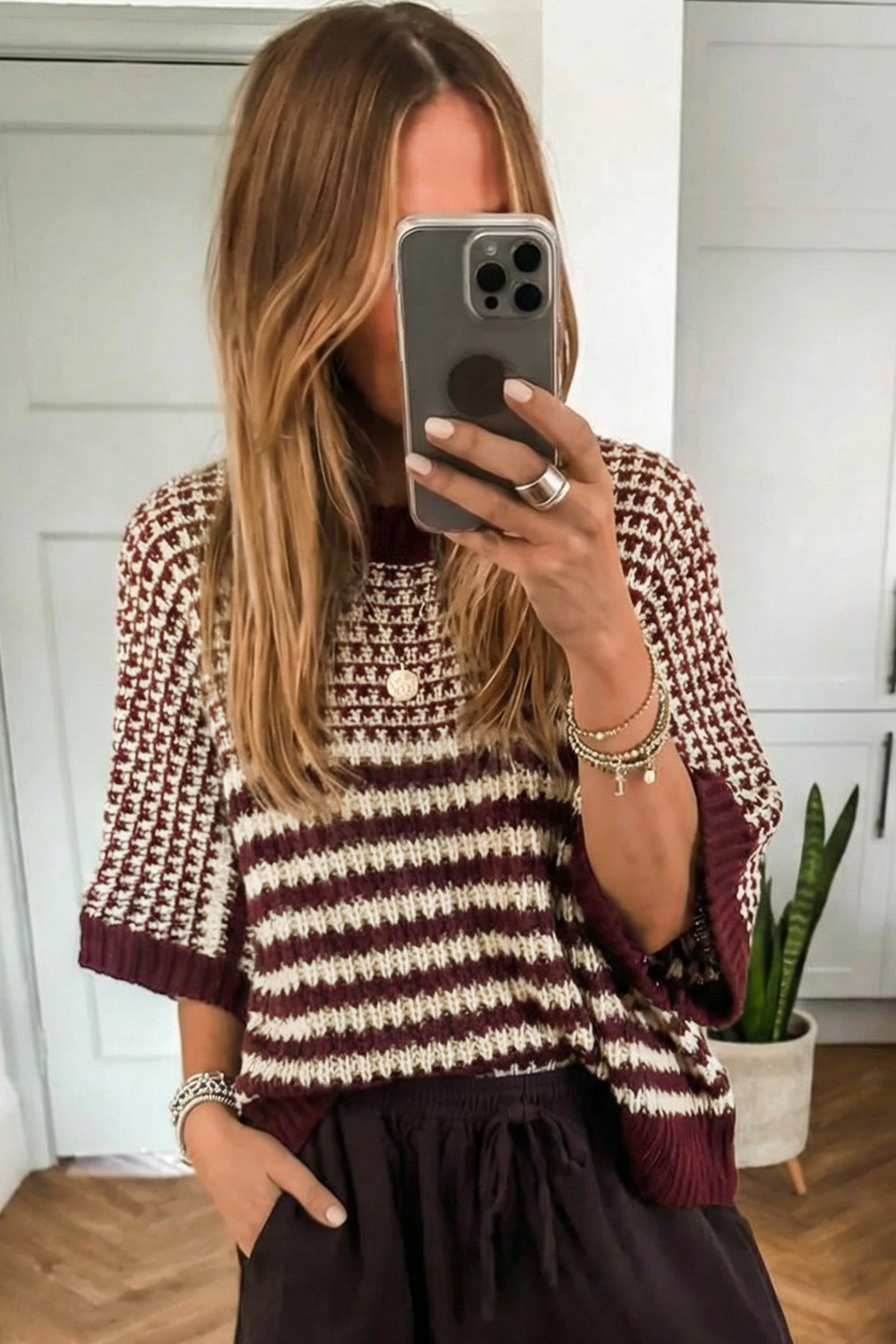 Red 3/4 Draped Sleeve Slouchy Sweater - Image 2