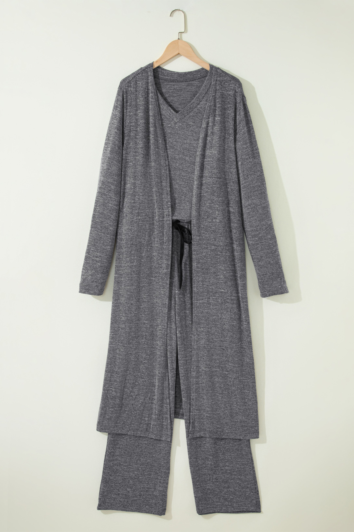 Dark Grey 3pcs V Neck T Shirt Ribbon Knot Pants Open Duster 3pcs Lounge Set - Image 4