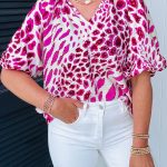 Rose Leopard Print V Neck Puffy Half Sleeve Blouse