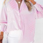 Pink Smocked Cuffed Striped Boyfriend Shirt with Pocket