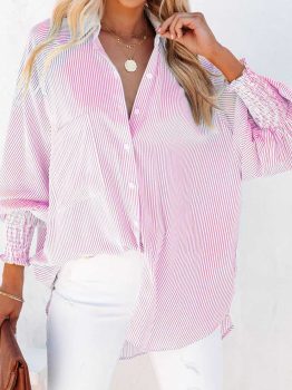 Pink Smocked Cuffed Striped Boyfriend Shirt with Pocket
