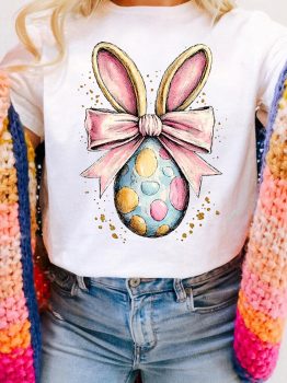 White Easter Egg Bow Bunny Ear Printed T Shirt