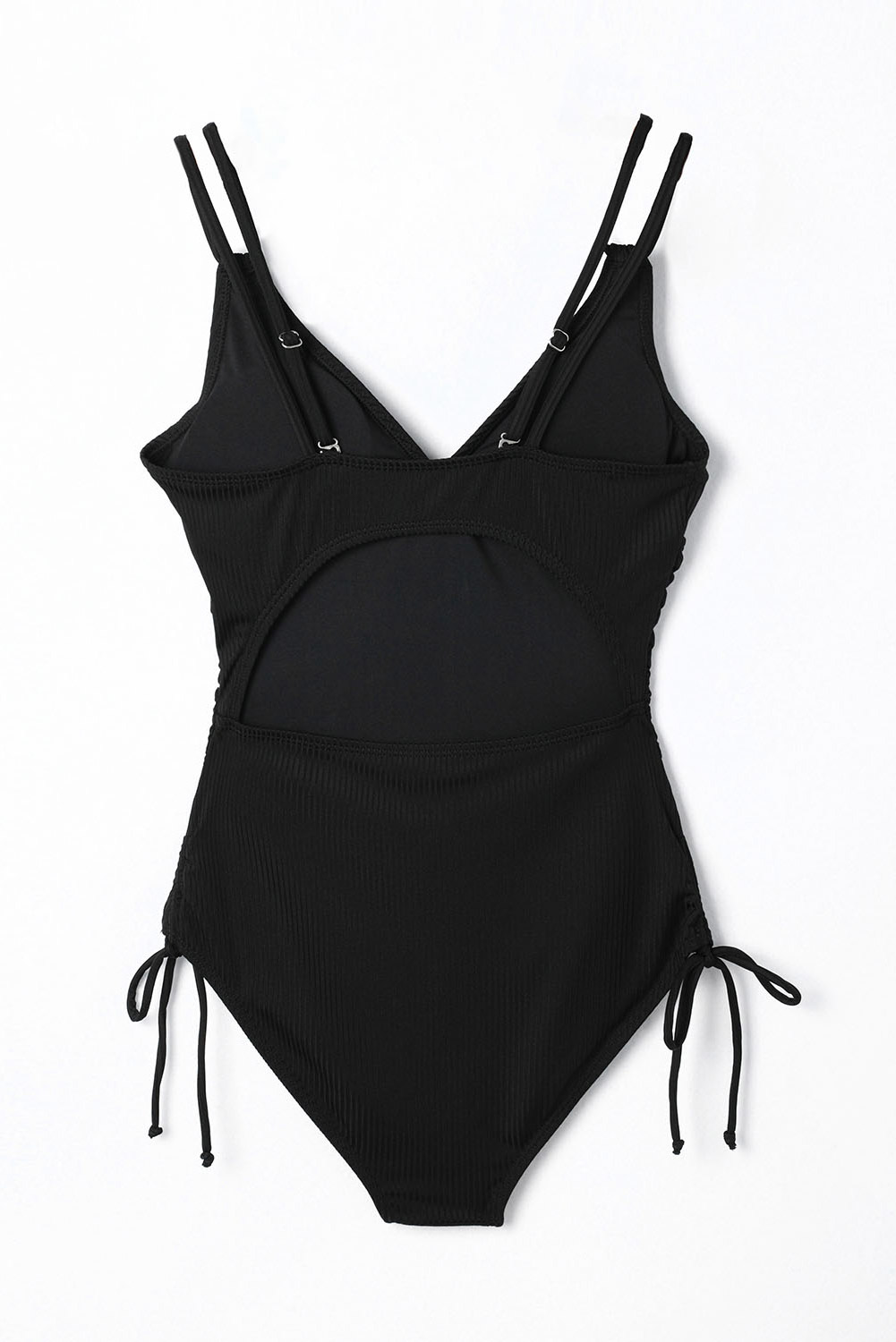 Black Adjustable Straps Ribbed Knit One Piece Swimsuit - Image 6