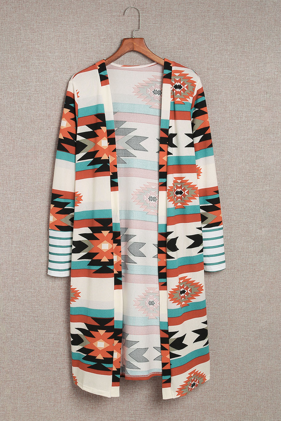 Multicolor Geometric Color Block Open Front Long Cardigan - Image 7