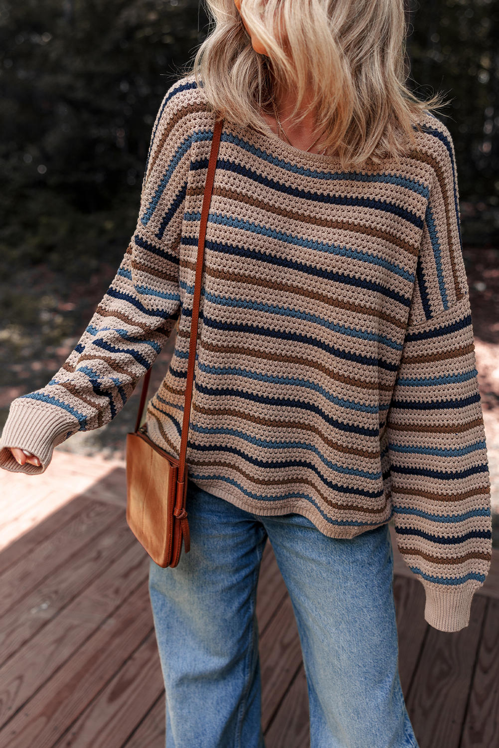 Multicolour Striped Knitted Drop Shoulder Round Neck Sweater - Image 7