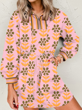 Pink Floral Print Zip Neck Striped Patchwork Long Sleeve Drawstring Dress