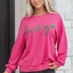 Rose Red Lucky Clover Embroidered Loose Pullover Sweatshirt