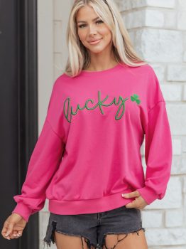 Rose Red Lucky Clover Embroidered Loose Pullover Sweatshirt