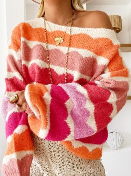 Rose Red Wave Striped Balloon Sleeve Drop Shoulder Sweater
