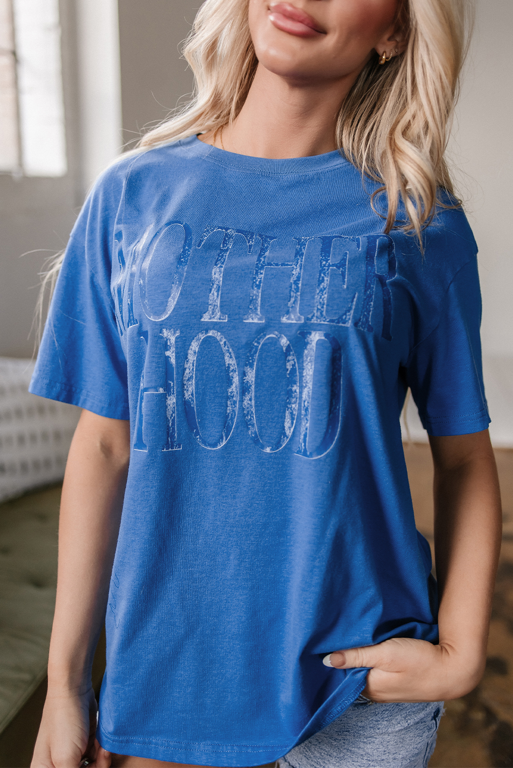 Sky Blue Vintage MOTHERHOOD Letter Graphic T Shirt - Image 7
